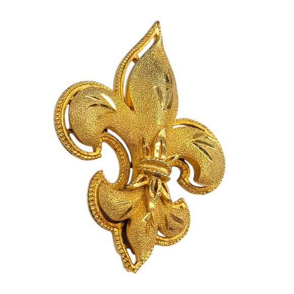 Vintage Signed CFW Gold Tone Fleur-De-Lis Brooch Pin Charles F Worth Statement - Picture 5 of 9